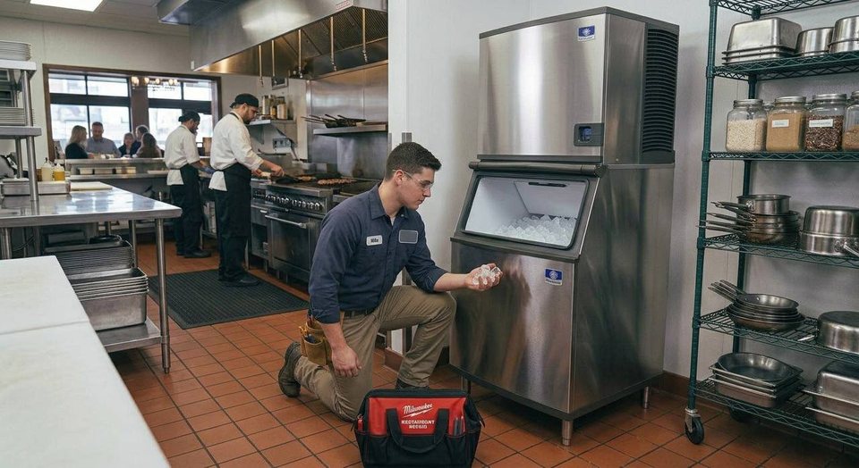 Commercial ice machine service on a working restaurant line